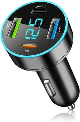 Vista 8 de Cargador rápido de coche de 4 puertos, [pantalla de voltímetro actualizado] PD+QC3.0 adaptador de cargador de coche para enchufe de encendedor