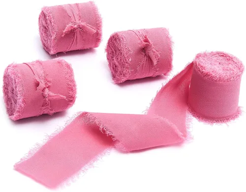 Vista 21 de 4 rollos de 1 pulgada de ancho x 5 yardas de largo, cinta de gasa con flecos hecha a mano, de chifón y seda, con bordes deshilachados