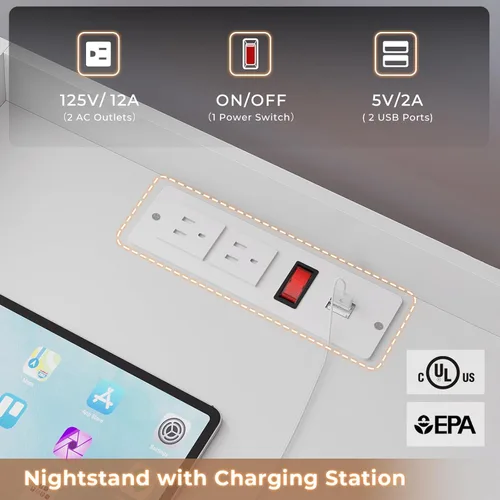 Vista 5 de White Nightstand Set of 2,LED Night Stand with Charging Station & Pull-Out Tray,Bedside Table with Drawers,Modern End Table Side Table Storage