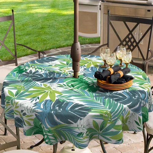 Vista 23 de Outdoor/Indoor Round Tablecloth with Umbrella Hole Zipper, Decorative Circular Table Cover for Home Garden, 60 Inch, Azure Bloom