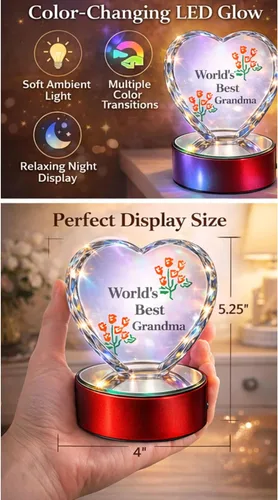 Vista 9 de Corazón para la abuela con luz LED con la leyenda "World 's Best Grandma" Corazón de vidrio grabado corazón en base de luz LED.