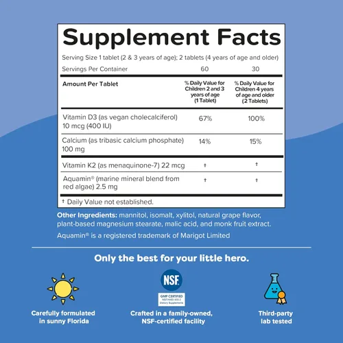 Vista 7 de Suplemento de calcio Renzo's Hércules con vitamina D3 y K2 - Vitaminas para el crecimiento de los niños, edades 2+, soluble, 60 pastillas de sabor