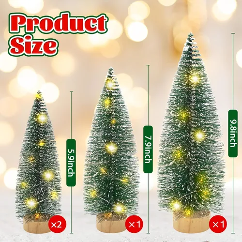 Vista 2 de Mini árbol de Navidad con luces, árboles de Navidad de cepillo de botella con base de madera, mini árbol de pueblo navideño de mesa