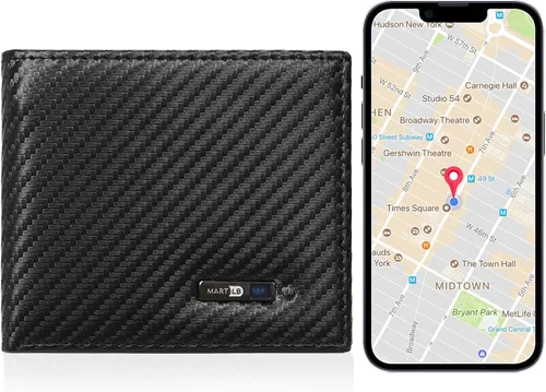 Vista 8 de Cartera para hombre con rastreador funciona con iOS y Android, billetera con billetera plegable de cuero auténtico, 8 tarjetas y 1 ventana para Negro