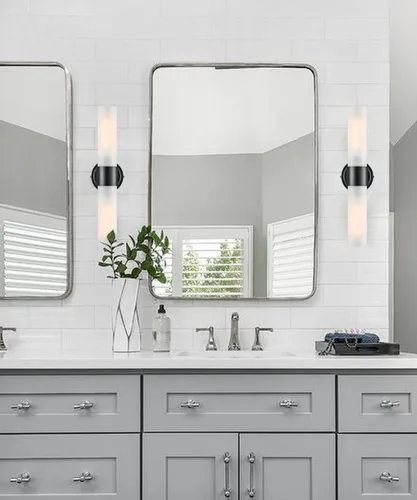Vista 4 de DAYCENT Modernas luces negras para tocador de baño, aplique de pared de vidrio esmerilado de 2 luces, apliques cilíndricos negros mate, iluminación