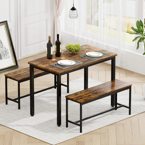 Vista 10 de Rovibek Juego de mesa de comedor para 4 personas con 2 bancos, juego de mesa de cocina que ahorra espacio para cocina y comedor, gris