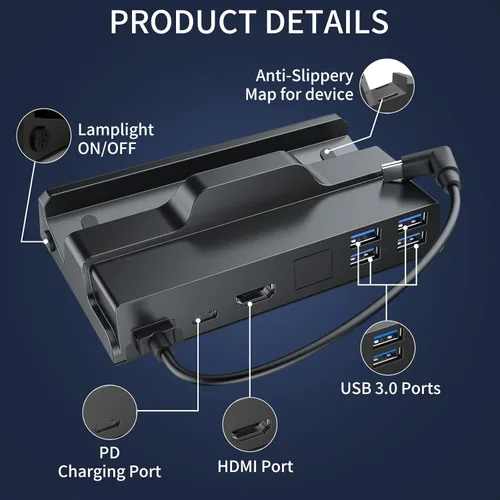 Vista 3 de SIKRO - Estación de acoplamiento para cubierta de vapor, 6 en 1 con 4 USB-A 3.0, HDMI, PD 3.0 cargador rápido USB-C y puerto USB-C de carga