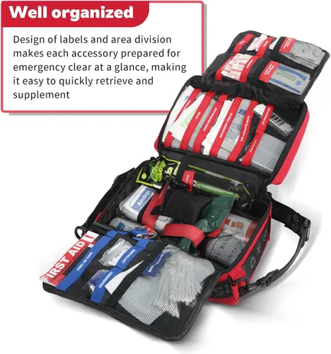 Vista 4 de Kit de primeros auxilios grande, sistema Molle desmontable multiusos kit médico de emergencia para el hogar, coche, camping emergencia al aire libre.