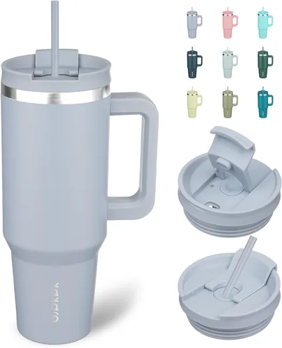 Vista 16 de BJPKPK Vasos aislados con asa y pajita, vasos térmicos de acero inoxidable de 30 onzas con tapa, color verde militar