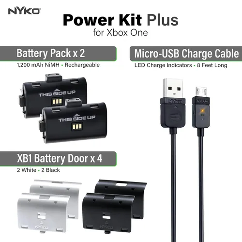 Vista 2 de Nyko Xbox One Power Kit Plus - Rechargeable Battery Kit with 2 Batteries, Black & White Covers, 8-foot Micro-USB Charge Cable - Ultimate Xbox