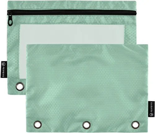 Gredecor Estuche para lápices con 3 anillos, color verde salvia, con cremallera, 2 unidades, organizador transparente para carpetas escolares y