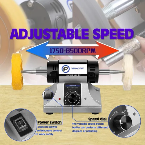 Vista 6 de Pulidor de joyas - Bufadora de banco ajustable de velocidad variable, máquina pulidora y de búfer, búfer dental y torno - Con campana colectora
