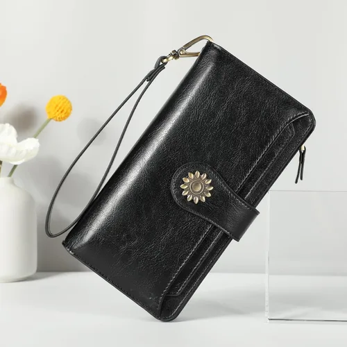 Vista 3 de Lavemi Carteras de cuero genuino de gran capacidad con bloqueo RFID para mujer, tarjetero con correa para la muñeca