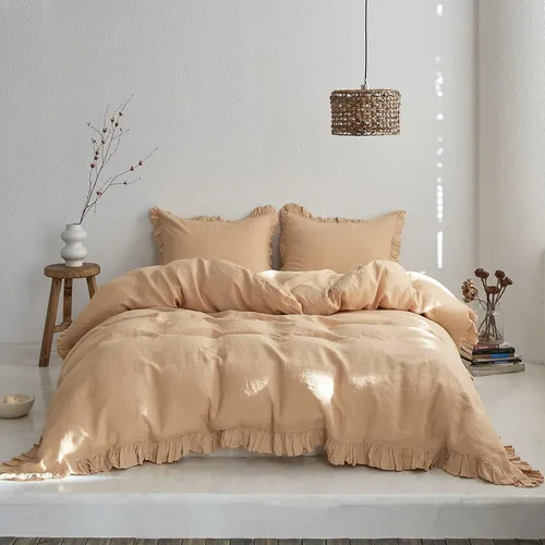 Vista 8 de Simple&Opulence Juego de funda de edredón de 100 % lino, lino francés natural, color rosa rubor con volantes, tamaño individual, funda de edredón