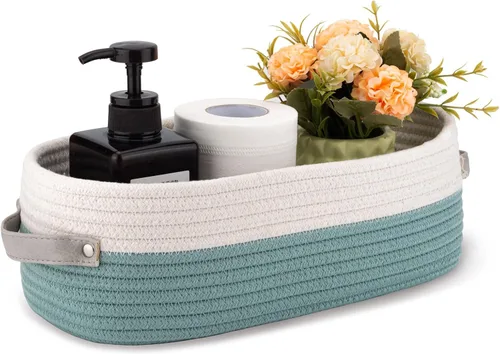 Vista 18 de Cesta pequeña tejida de cuerda de algodón para papel higiénico, cestas para organizar, cesta decorativa para decoración boho, pequeña cesta de Blanco