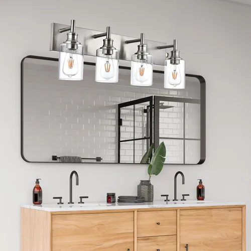 Vista 3 de 4 luces de tocador de baño, níquel cepillado, accesorios de iluminación de baño sobre espejo con vidrio transparente, aplique de pared industrial