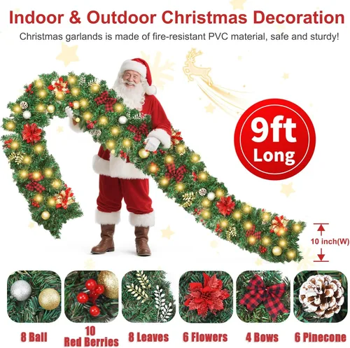 Vista 3 de Guirnalda de Navidad de 9 pies, guirnalda de Navidad preiluminada con 60 luces LED, guirnaldas para manto con piñas, flores, bayas, lazos, bolas