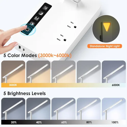 Vista 6 de Infiway Lámparas LED de escritorio para oficina en casa: lámpara de escritorio con puerto de carga USB - 1 USB-A, 1 puerto tipo C, 2 tomas