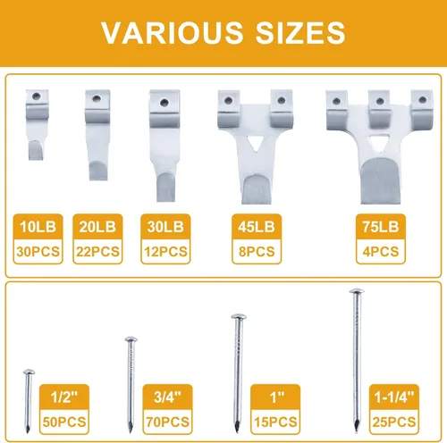 Vista 5 de KURUI Kit de colgadores para cuadros de 303 piezas, kit surtido de colgadores para cuadros con ganchos de pared resistentes, dientes de sierra