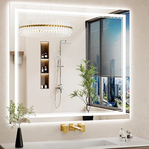 Vista 29 de Espejo de baño LED de 30 x 40 pulgadas con luces, antiniebla, retroiluminado + luz frontal, regulable, espejo de tocador LED para pared, espejo