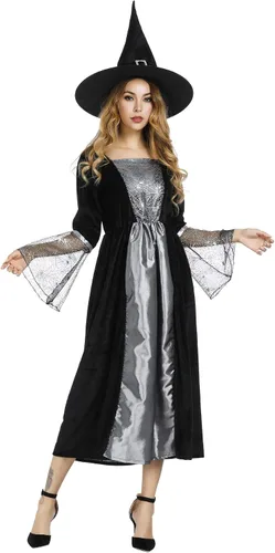 Vista 8 de Grebrafan - Disfraz de bruja para mujer Vestido largo clásico de hechicera 6366 Verde
