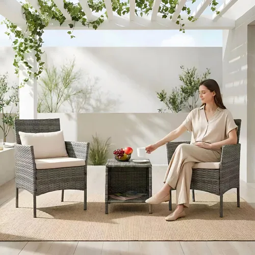 Vista 10 de Juego de 3 piezas para conversación de patio, muebles de porche y balcón, muebles de chat al aire libre, sillas de mimbre y mesa almacenable