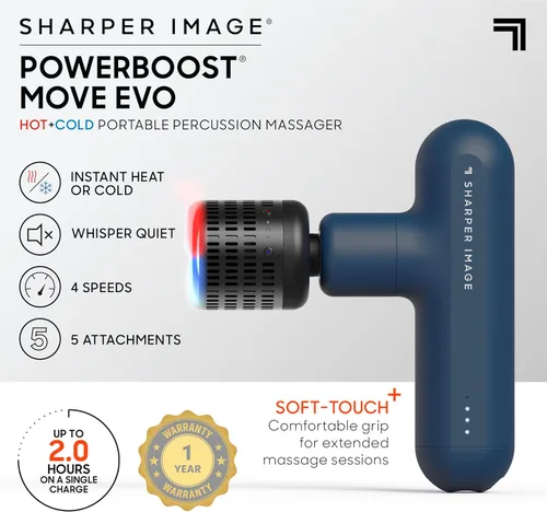 Vista 2 de Sharper Image Pistola de masaje de percusión de tejido profundo, Powerboost Move Evo, masajeador de mano recargable para calor y frío, 4 velocidades
