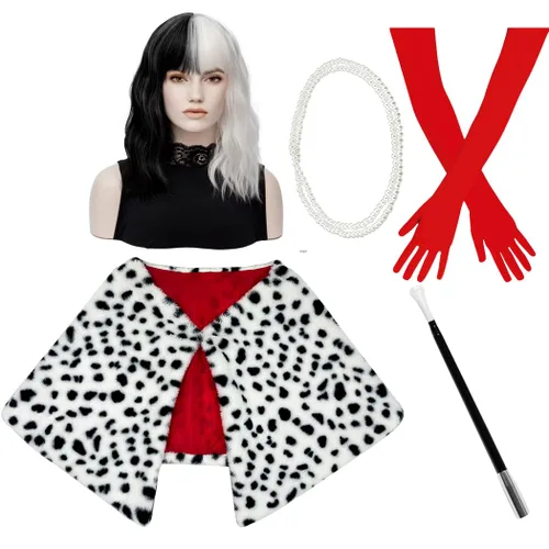 6 Pieces Short Black and White Wig with Faux Shawl, Red Gloves, Costume Holder, Pearl Necklace and Wig Cap for Halloween Costume Women