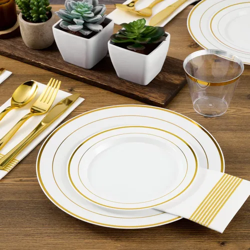 Vista 5 de FOCUSLINE Juego de vajilla dorada de 600 piezas para 100 invitados - Platos de plástico desechables con borde dorado, incluye 100 platos de cena