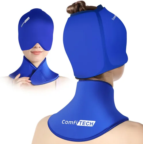 ComfiTECH Cold Cap and Neck Ice Pack Wrap Gel Combo, paquete de cuidado para cabeza y cuello cervical, azul