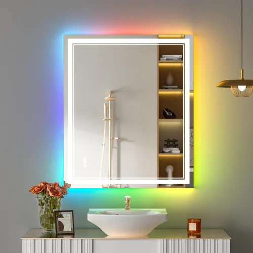 Vista 69 de Espejo de baño LED de 40 x 36 pulgadas con luces, retroiluminado y frontal iluminado para pared, antiempañamiento, regulable, memoria inastillable