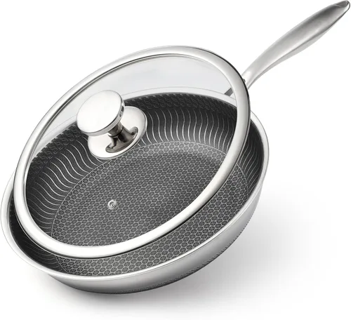 Vista 2 de Sartén antiadherente de acero inoxidable de 11 pulgadas con tapa, sartén profesional de panal, mango desmontable, para cocinar, uso en interiores