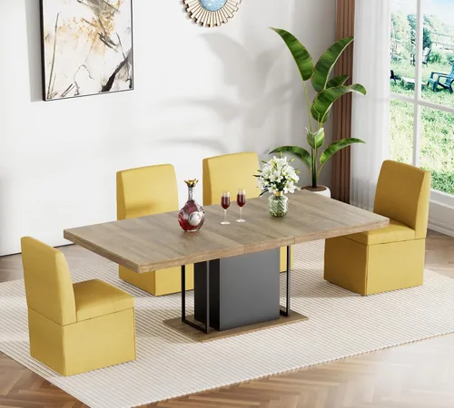 Vista 18 de Juego de mesa de comedor extensible para mesa de cocina extensible de 4, 5 piezas y 4 sillas de almacenamiento ocultas de lino tapizadas de madera