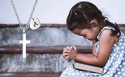 Vista 7 de Collar de cruz pequeña para niñas Collar con inicial de corazón para niñas Collar de piedra natal de corazón Colgante de acero inoxidable