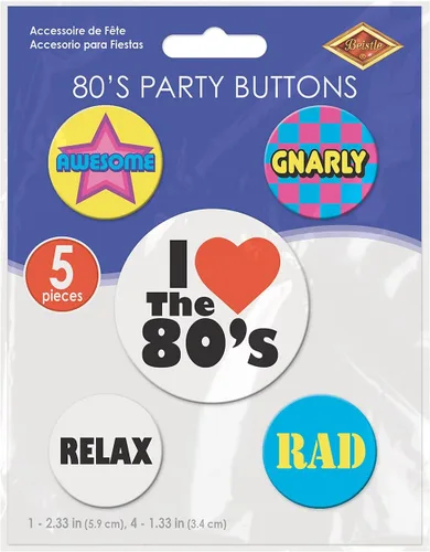 Vista 2 de Beistle 5 piezas I Love The 80's Party Buttons 1980's Theme Gnarly Rad Retro Wearable Accessories Accessories 2.33" & 1.33", multicolor
