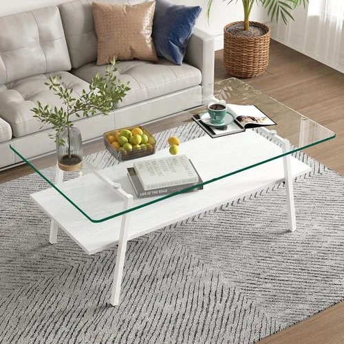 Vista 4 de Mesa de centro moderna rectangular con tapa de vidrio templado con estante de madera para el hogar, sala de estar, oficina, tienda o dormitorio