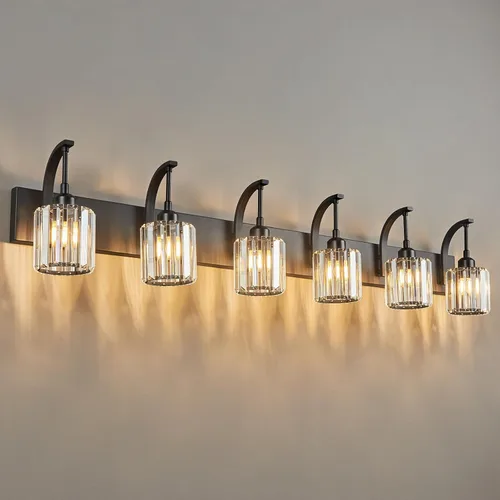 Vista 57 de Lámpara de tocador de cristal de 4 luces, aplique de pared de baño cromado moderno con pantallas de cristal K9, 32.67" de largo, iluminación sobre