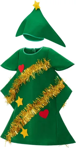 Vista 2 de TRURENDI Disfraz divertido de árbol de Navidad para niños, overol de árbol de Navidad con sombrero, disfraz de Navidad
