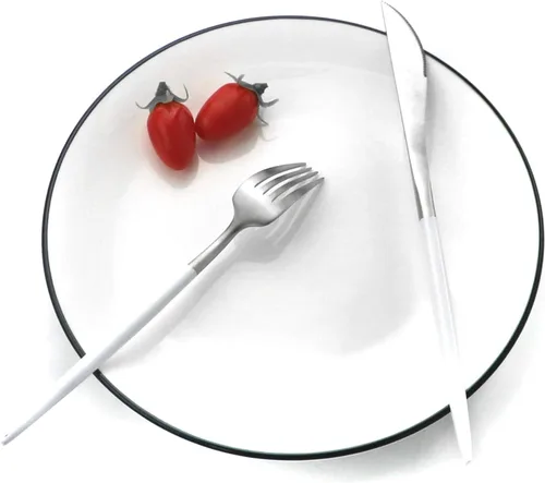 Vista 6 de Gugrida Juego de cubiertos de acero inoxidable 18/10 con mango blanco mate, 20 piezas, incluye tenedores, cucharas, cuchillos, cubiertos de Plateado