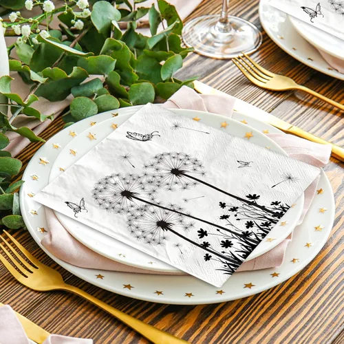 Vista 5 de AnyDesign Paquete de 100 servilletas de papel desechables de diente de león, servilletas de almuerzo florales blancas y negras, servilletas de mano