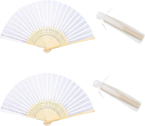 Vista 8 de 2 ventiladores plegables blancos, abanicos de mano para mujeres, abanicos plegables de bambú, tela de seda, ventilador plegable de mano chino