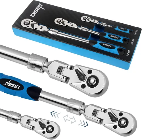 Vista 13 de DISEN Juego de 3 Llaves de Trinquete Extensibles, Impulso de 1/4" 3/8" 1/2", 72 Dientes, Liberación Rápida, Llaves de Vaso con Impulso Reversible
