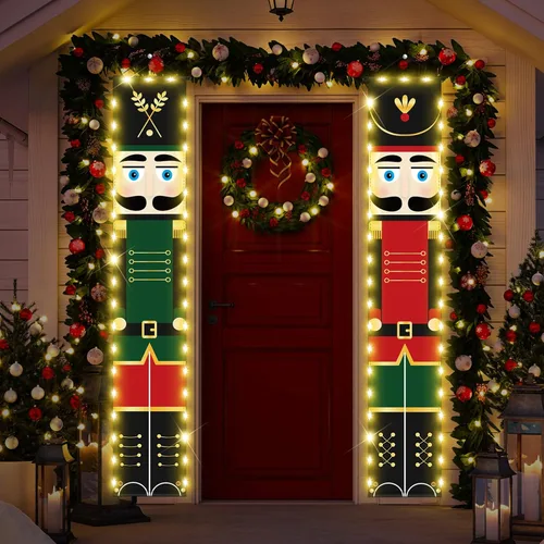 Vista 7 de Lounsweer Decoraciones navideñas de cascanueces, pancartas de cascanueces para porche con cadena de luces LED, decoración de Navidad