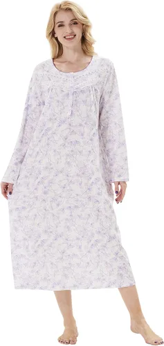 Vista 19 de Keyocean Camisones para mujer, de algodón suave, cómodo, ligero, de manga larga, vestidos de noche para mujer Azul