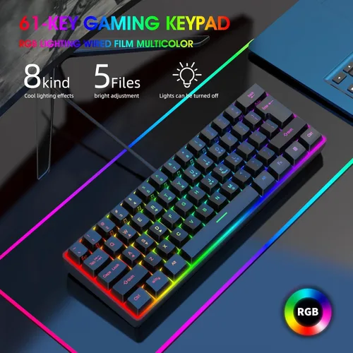 Vista 4 de Teclado iluminado con cable para juegos retroiluminado, teclado mecánico 60% teclados de computadora teclados de PC para juegos de máquina