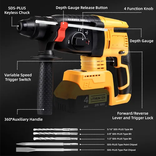 Vista 8 de SDS-Plus - Taladro de martillo giratorio inalámbrico compatible con batería Dewalt de 20 V (sin batería), motor sin escobillas, embrague