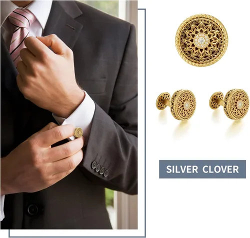 Vista 4 de Gemelos de plata y oro 18 K con cierre posterior, redondos, para bodas, con caja de regalo, metal común, CLOV-S004