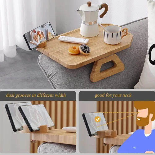 Vista 4 de MOYUART Bandeja de brazo de sofá, mesa de brazo de sofá, bandeja plegable para sofá con soporte giratorio de 360, mesa de brazo de sofá, mesa
