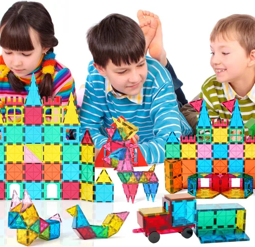 Vista 6 de Jasonwell Juego de bloques de construcción de azulejos magnéticos de 65 piezas para niños y niñas, kit de construcción con imán educativo