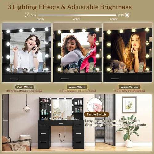 Vista 4 de Mesa de tocador de 106.9 cm con espejo y luces, tocador de maquillaje con 7 cajones, 4 estantes, 5 ganchos para joyas y regleta de enchufes